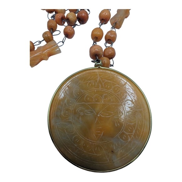 Vintage Orange Aventurine Carved Stone Aztec Pendant Necklace Tribal Sun Dial - Picture 8 of 8